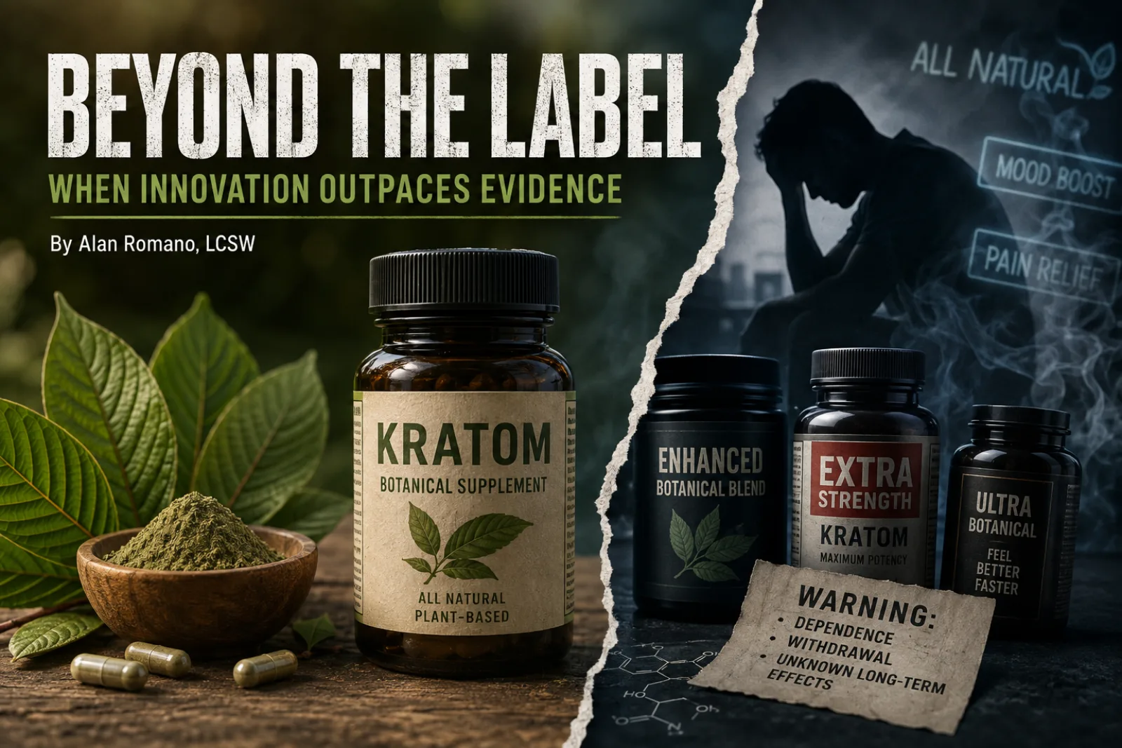 Cover art for Beyond the Label: When Innovation Outpaces Evidence, showing kratom leaves, powder and extract bottles beside a man with his head in his hand