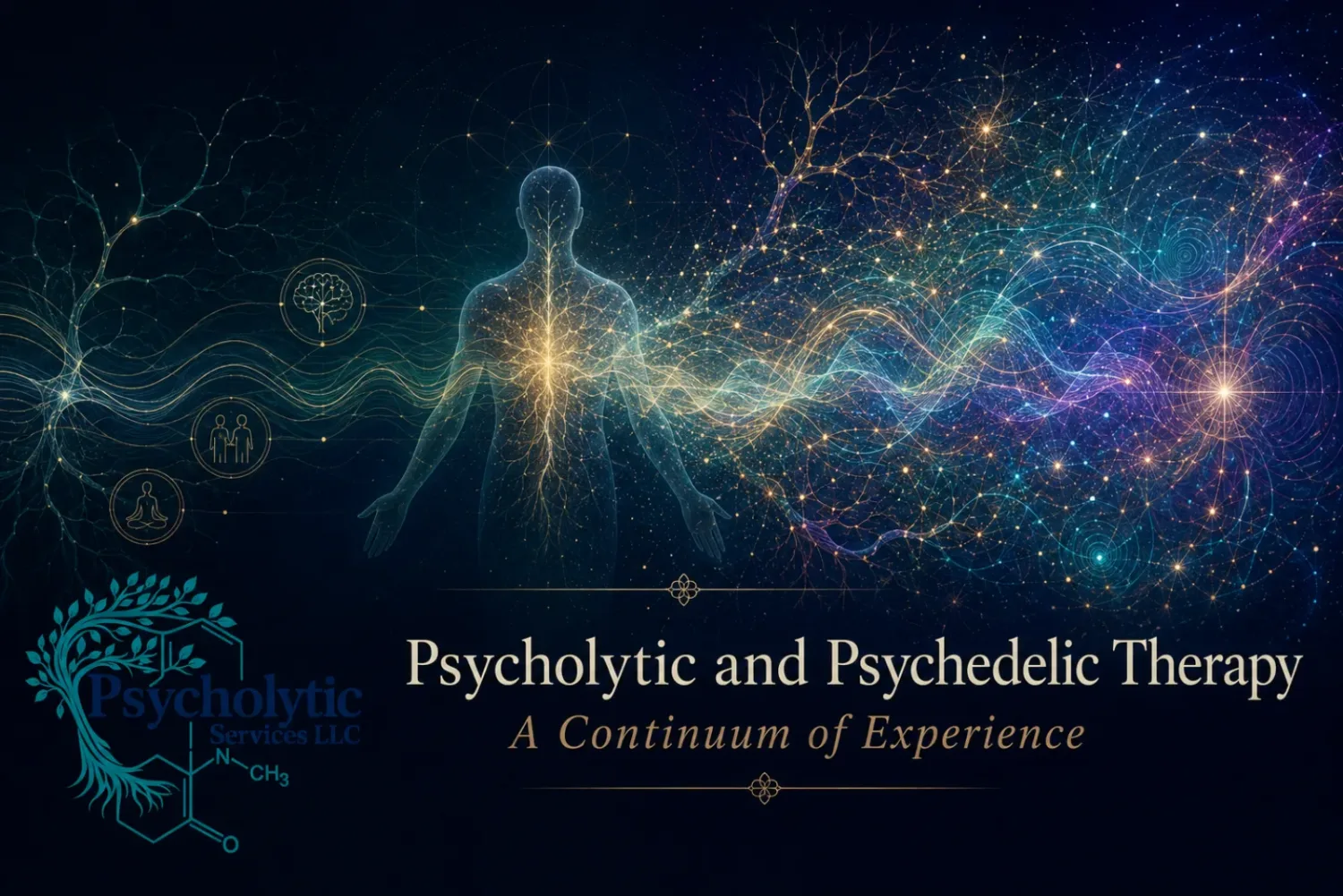 Cover art for Psycholytic and Psychedelic Therapy: A Continuum of Experience, showing a glowing human figure in a field of light