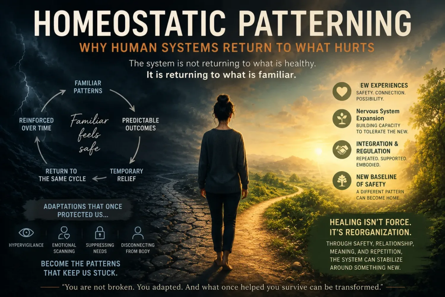 Infographic titled Homeostatic Patterning: Why Human Systems Return to What Hurts, with a woman walking a path between old patterns and new ones