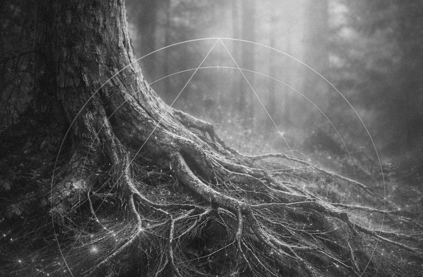 Root system of a large tree in mist, printed as a duotone plate.