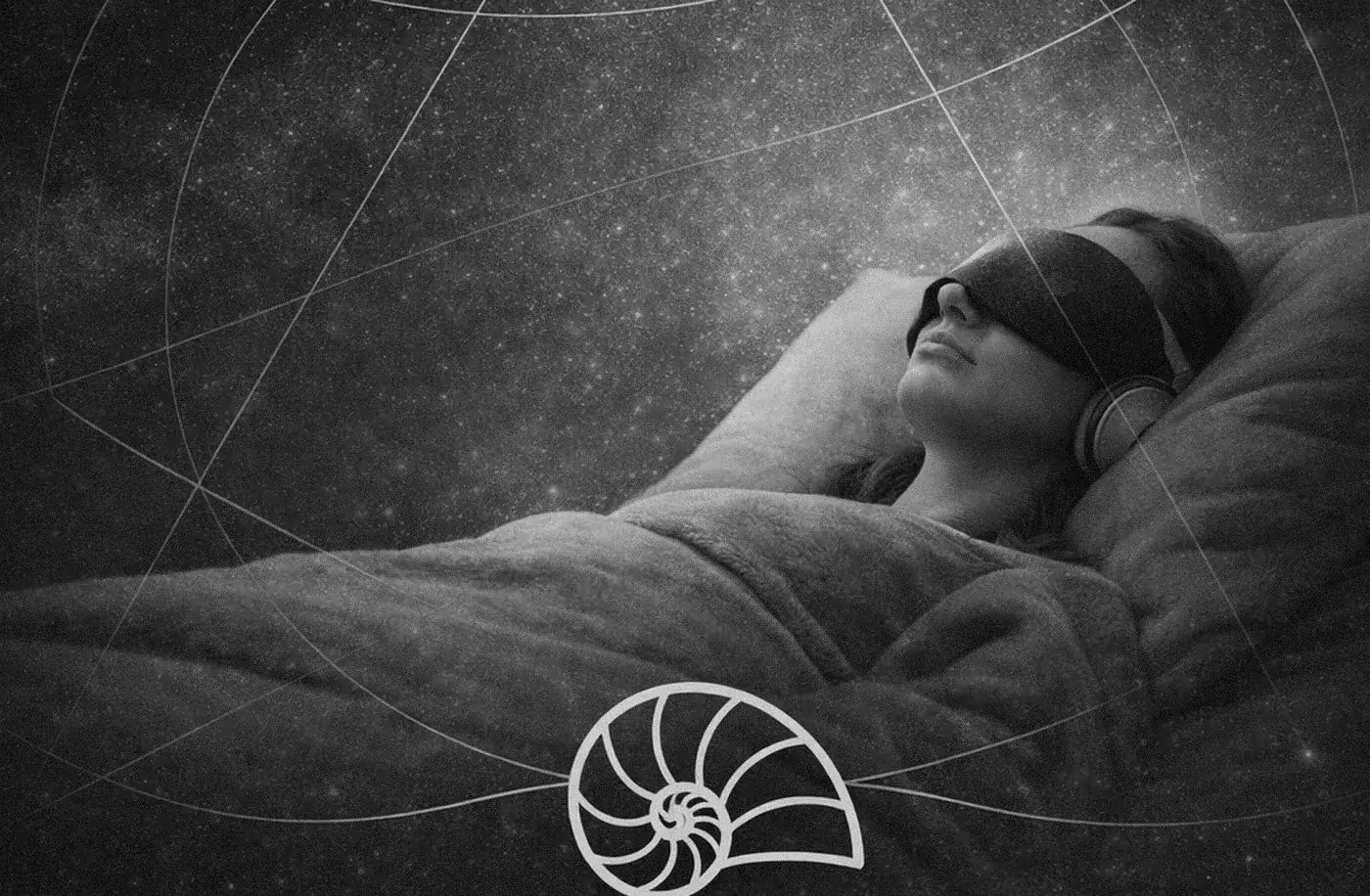 A person resting under blankets wearing an eye mask, printed as a duotone plate.