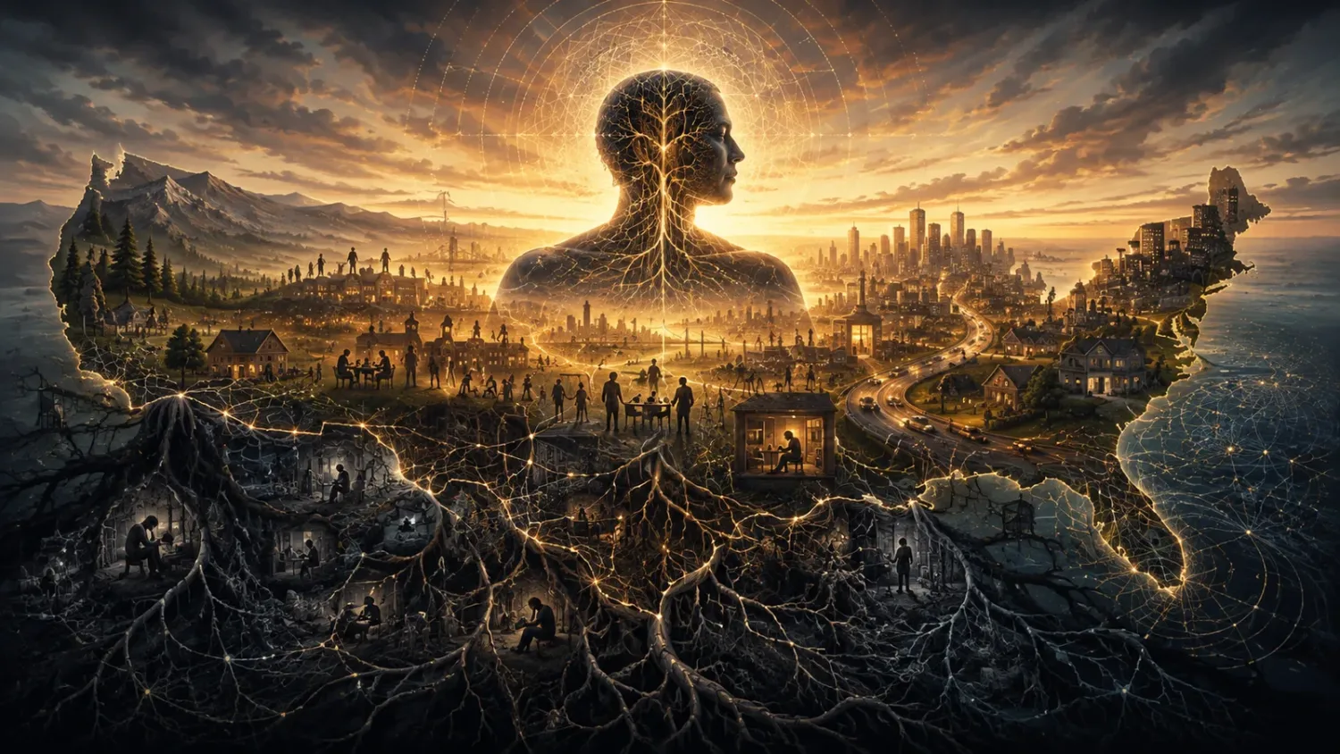 A glowing human figure rising above a map of the United States, with roots spreading beneath its towns and cities
