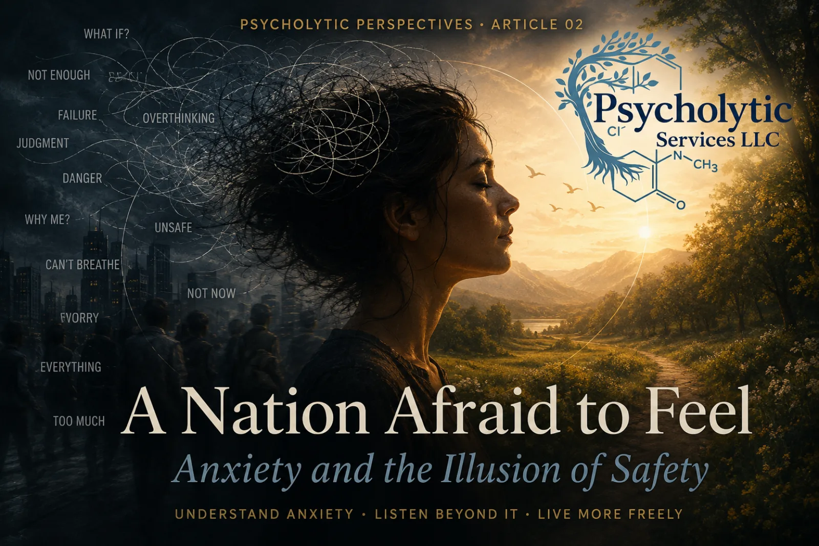 Cover art for Psycholytic Perspectives 02, A Nation Afraid to Feel: a woman in profile amid tangled lines and anxious words