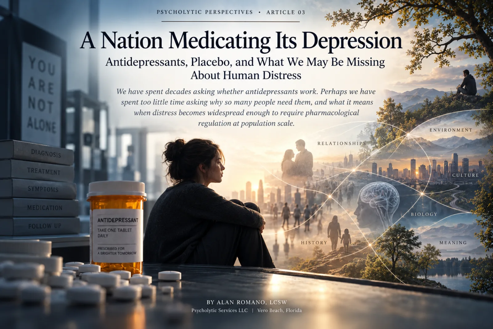 Cover art for Psycholytic Perspectives 03, A Nation Medicating Its Depression: a woman seated beside a bottle of antidepressants