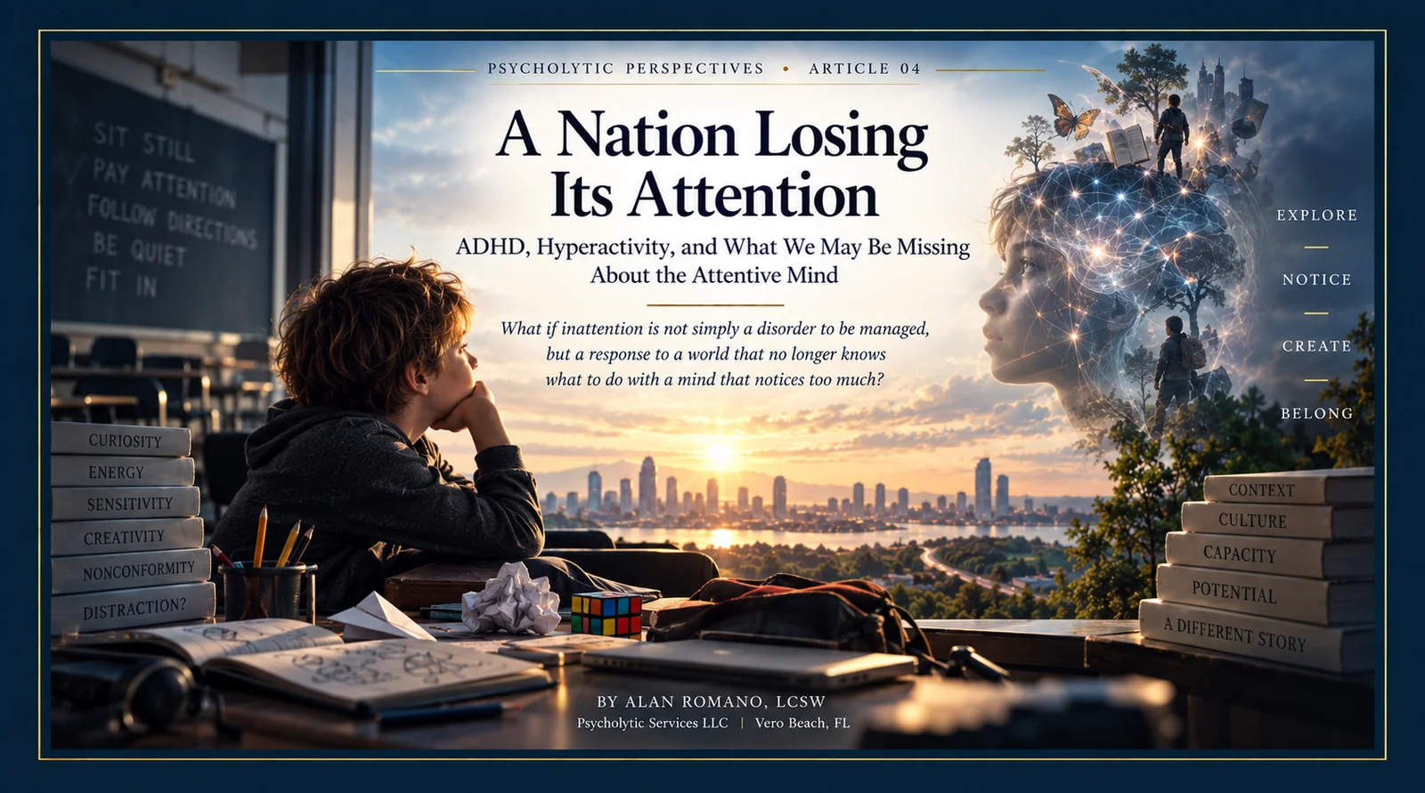 Cover art for Psycholytic Perspectives 04, A Nation Losing Its Attention: a boy at a classroom desk gazing out at a sunlit city, beside a chalkboard reading Sit Still, Pay Attention, Follow Directions, Be Quiet, Fit In
